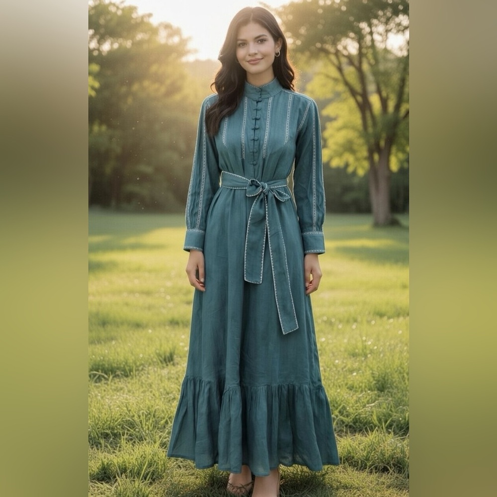 EX VOTO VINTAGE SUTTON MAXI DRESS WITH EMBROIDERY IN EMERALD GREEN